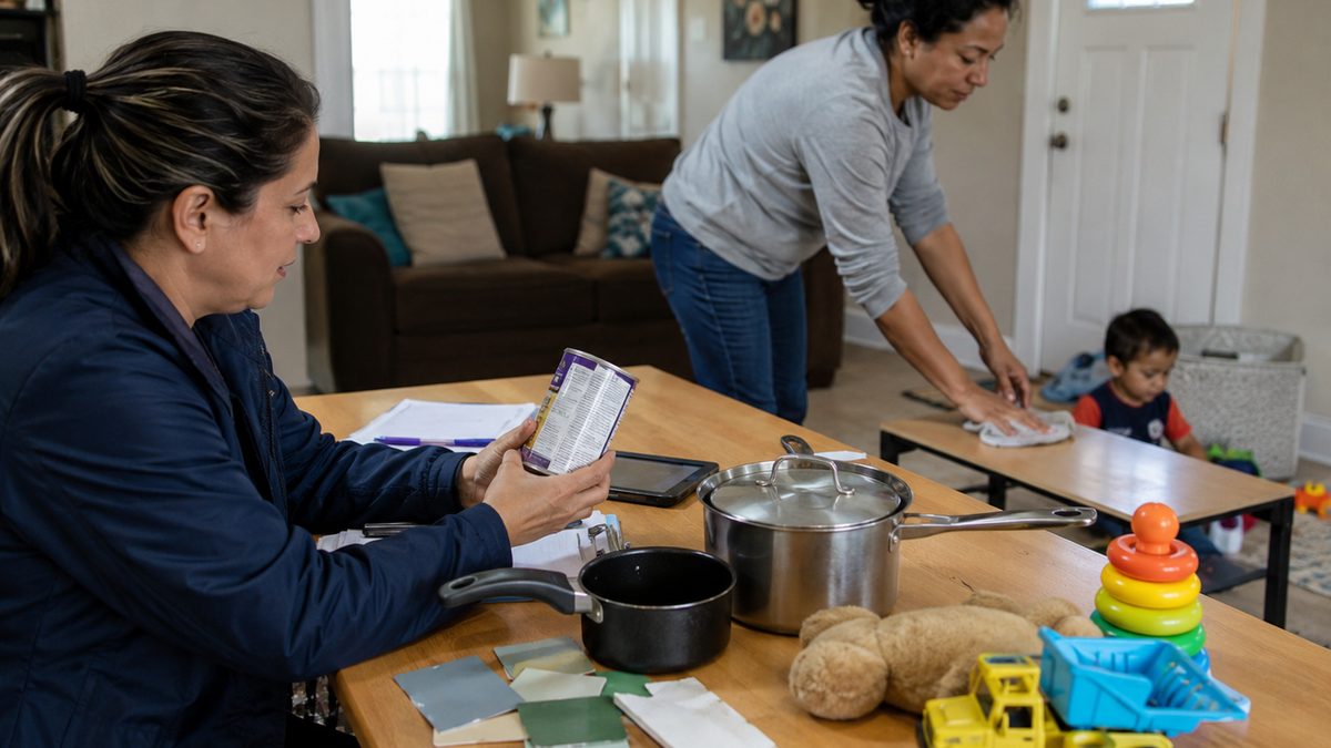 A parent and public health worker review household safety items near a child’s play area.