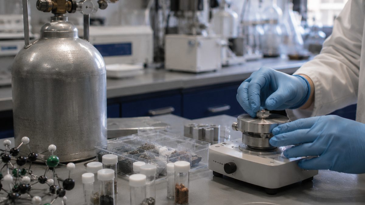 A researcher prepares materials-testing equipment beside sample vials and a gas cylinder in a laboratory.