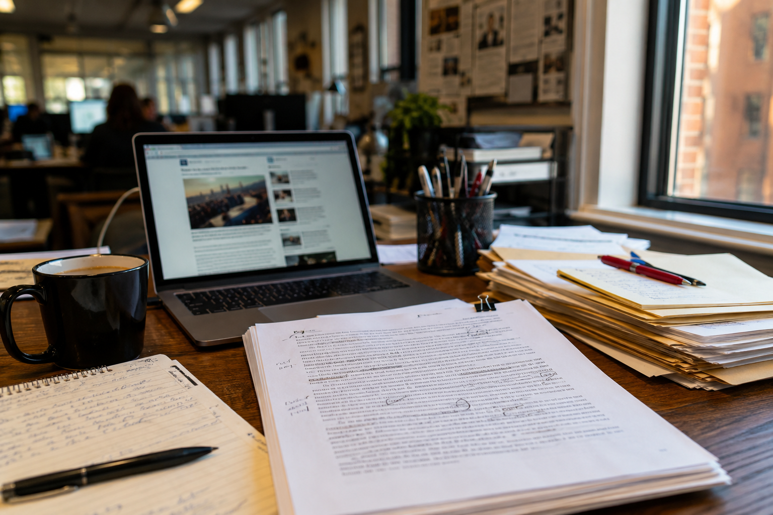 A newsroom desk holds notes, a marked-up article draft, and a laptop.