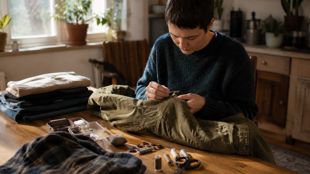 A person mends a small tear in a jacket at a kitchen table with sewing supplies nearby.