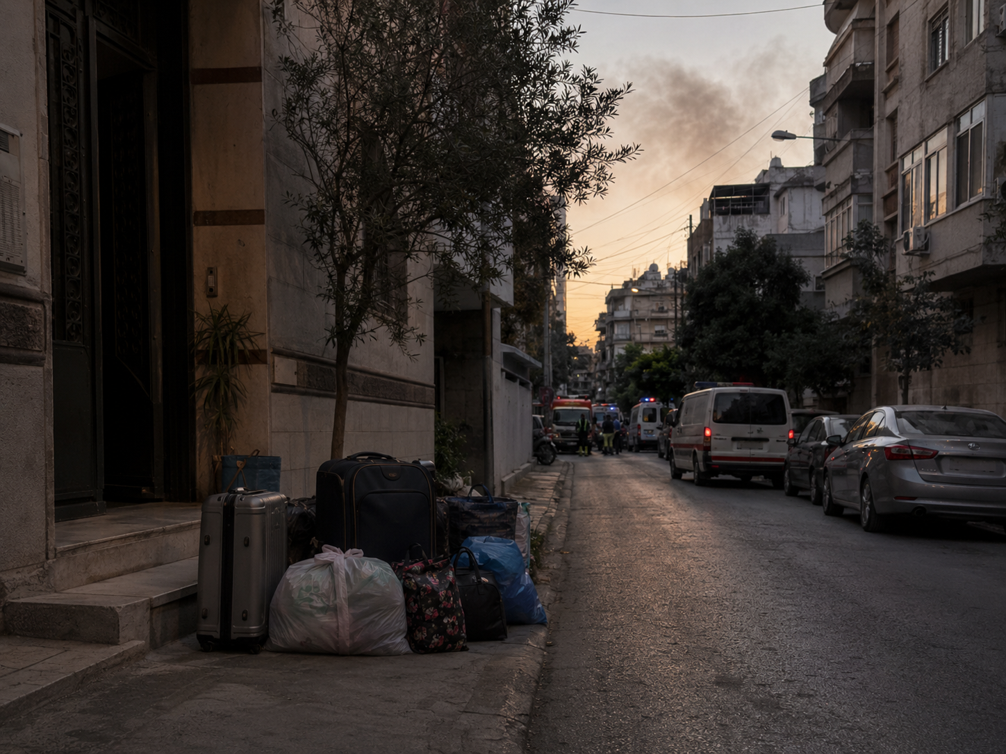 Emergency vehicles and packed bags on a Beirut street at dusk.