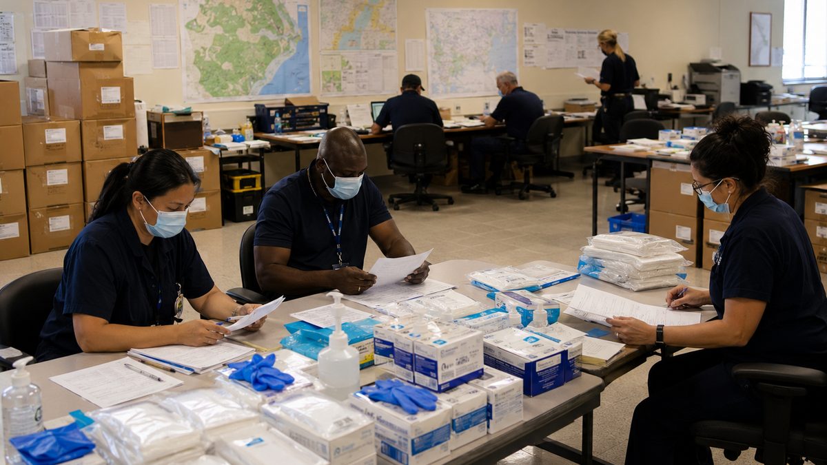 Public health workers review outbreak response materials in an emergency operations room.
