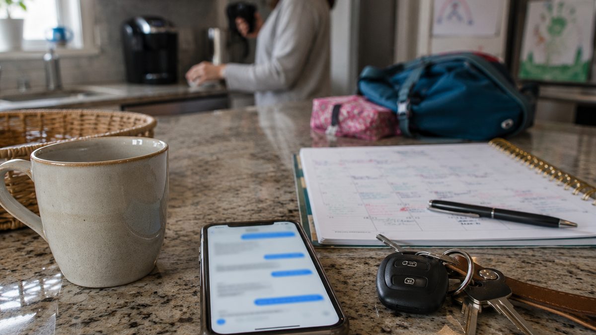 A smartphone with blurred messages sits beside a family calendar, keys, and a coffee cup.