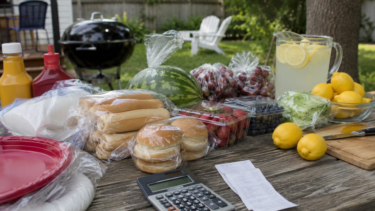 Cookout groceries and a receipt sit on a backyard table.