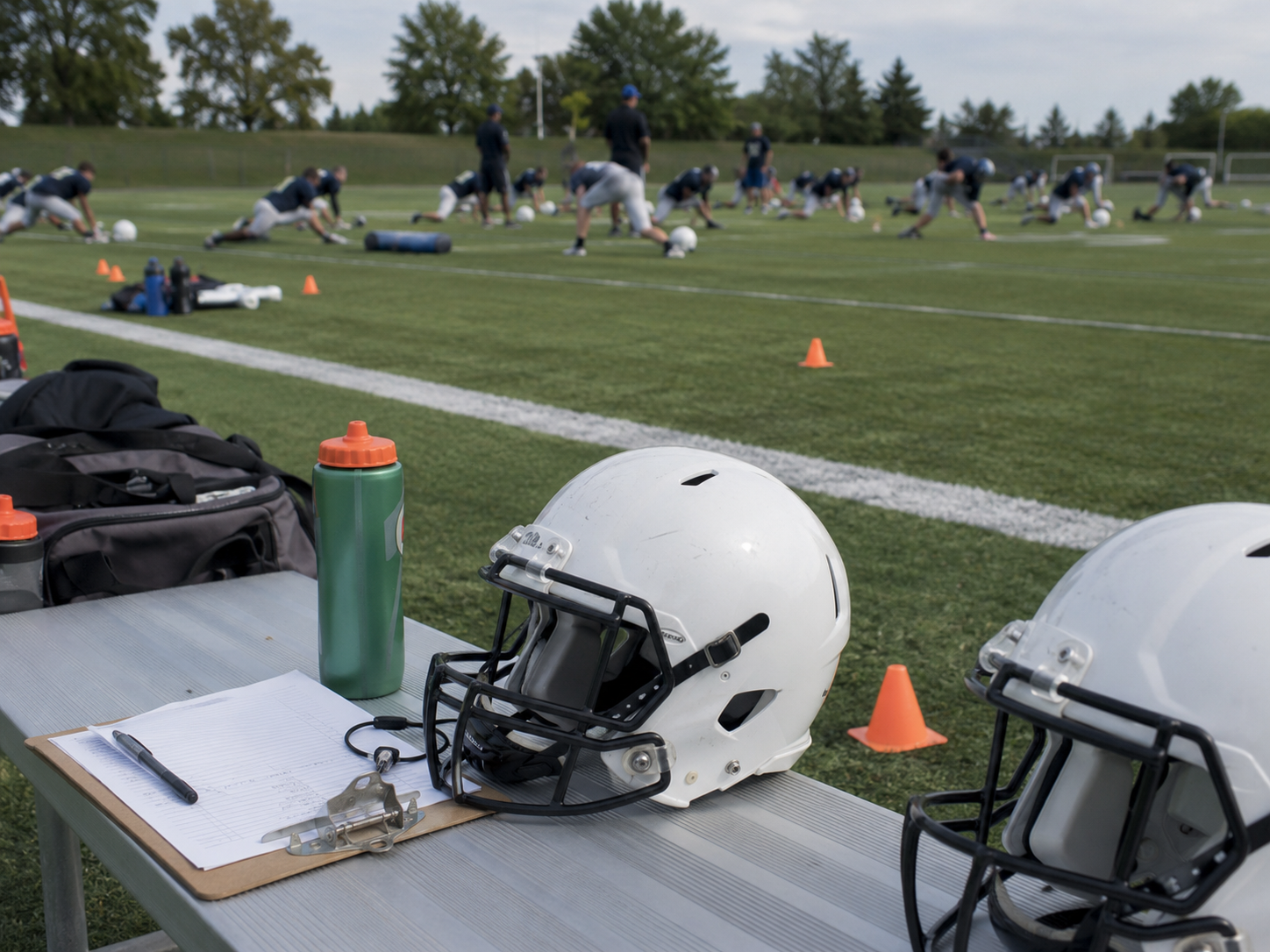 A football practice field with helmets and training equipment during offseason workouts.