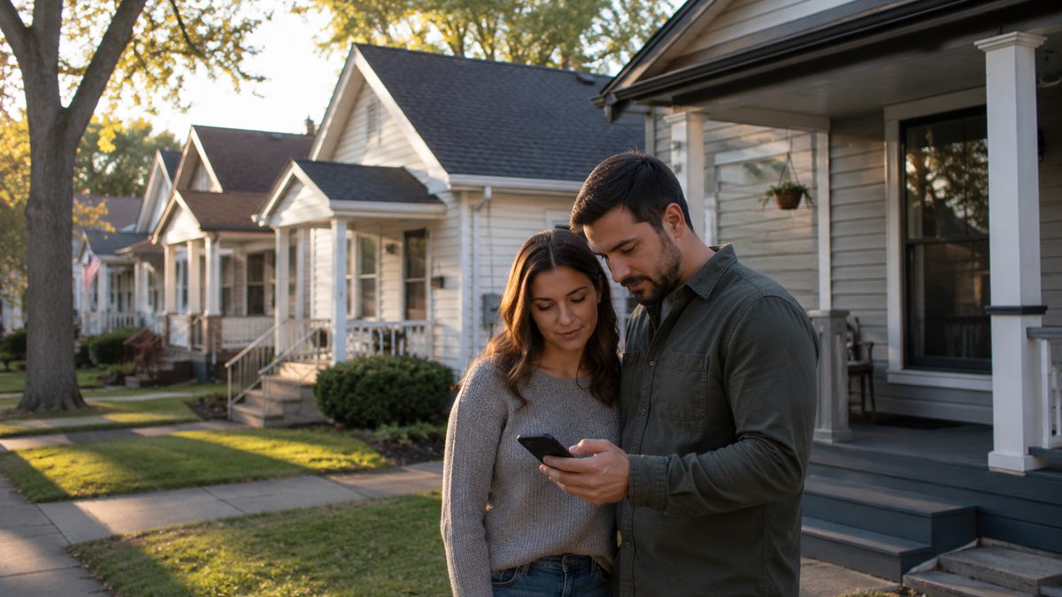 Prospective homebuyers reviewing housing listings in front of a modest neighborhood home.
