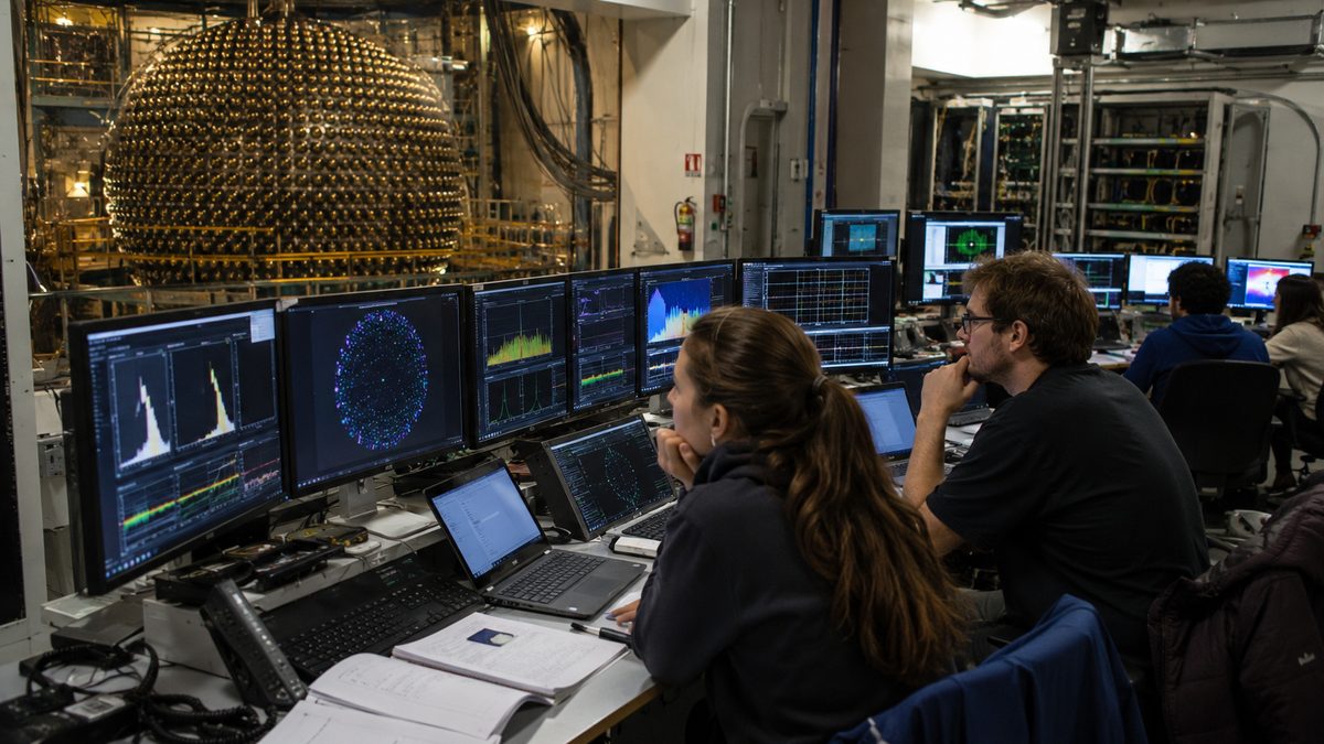 Researchers review detector data in an underground physics control room.