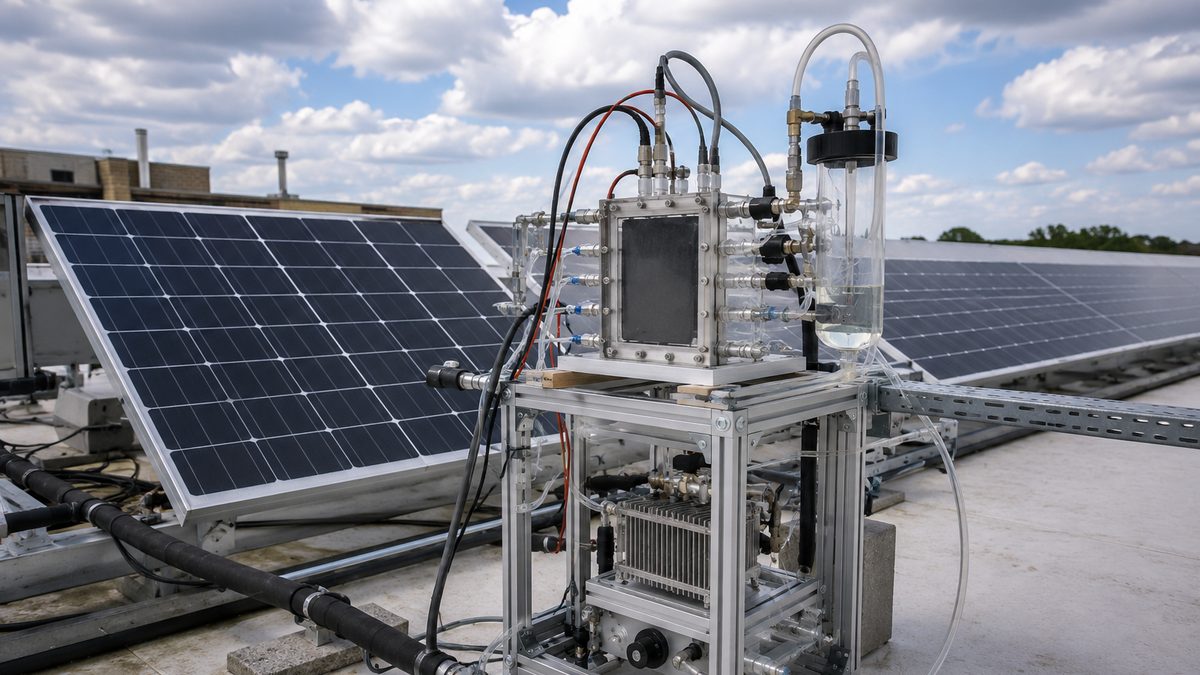 A rooftop solar-fuel research device operates under partly cloudy skies.
