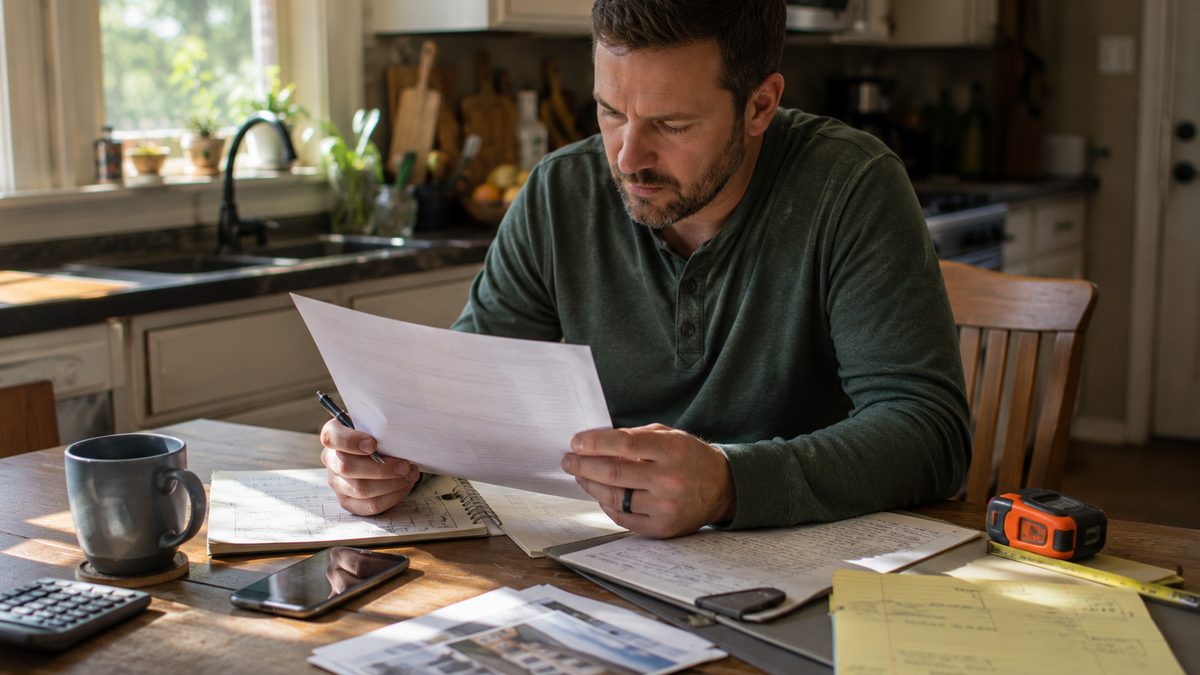 A homeowner reviews a contractor estimate and repair paperwork at a kitchen table.