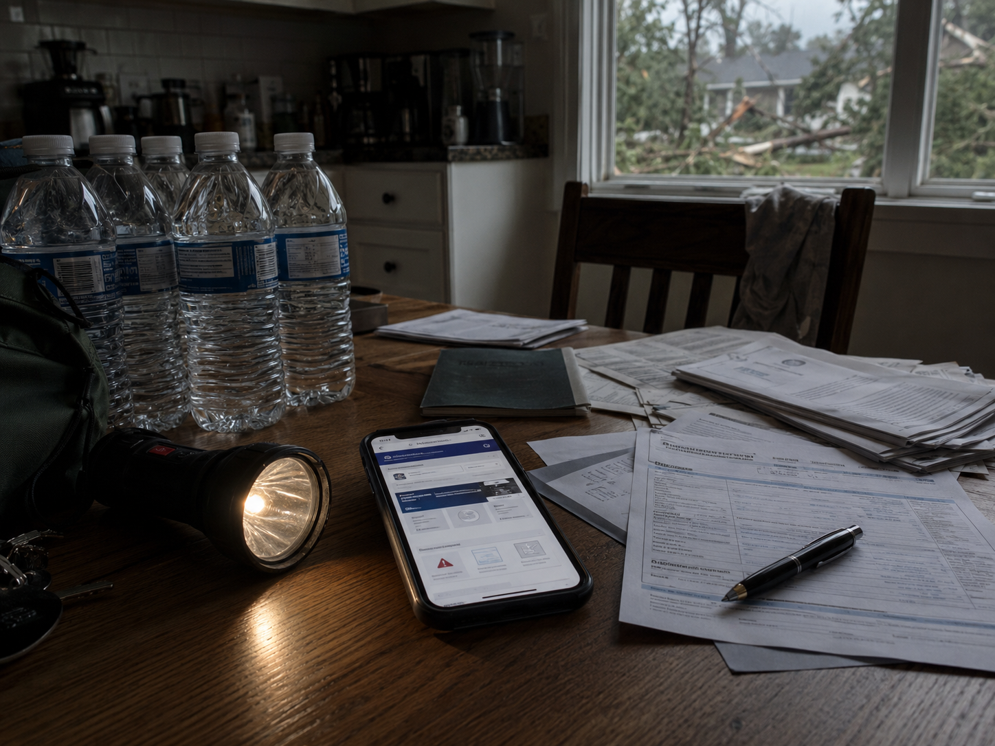A kitchen table with storm supplies, paperwork, and a phone as a household reviews disaster recovery information.