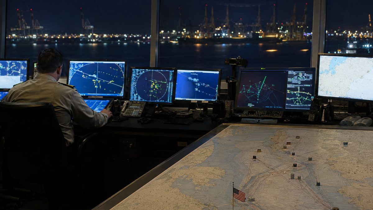 A quiet Gulf port control room with radar screens and a map table, suggesting maritime security and shipping risk.