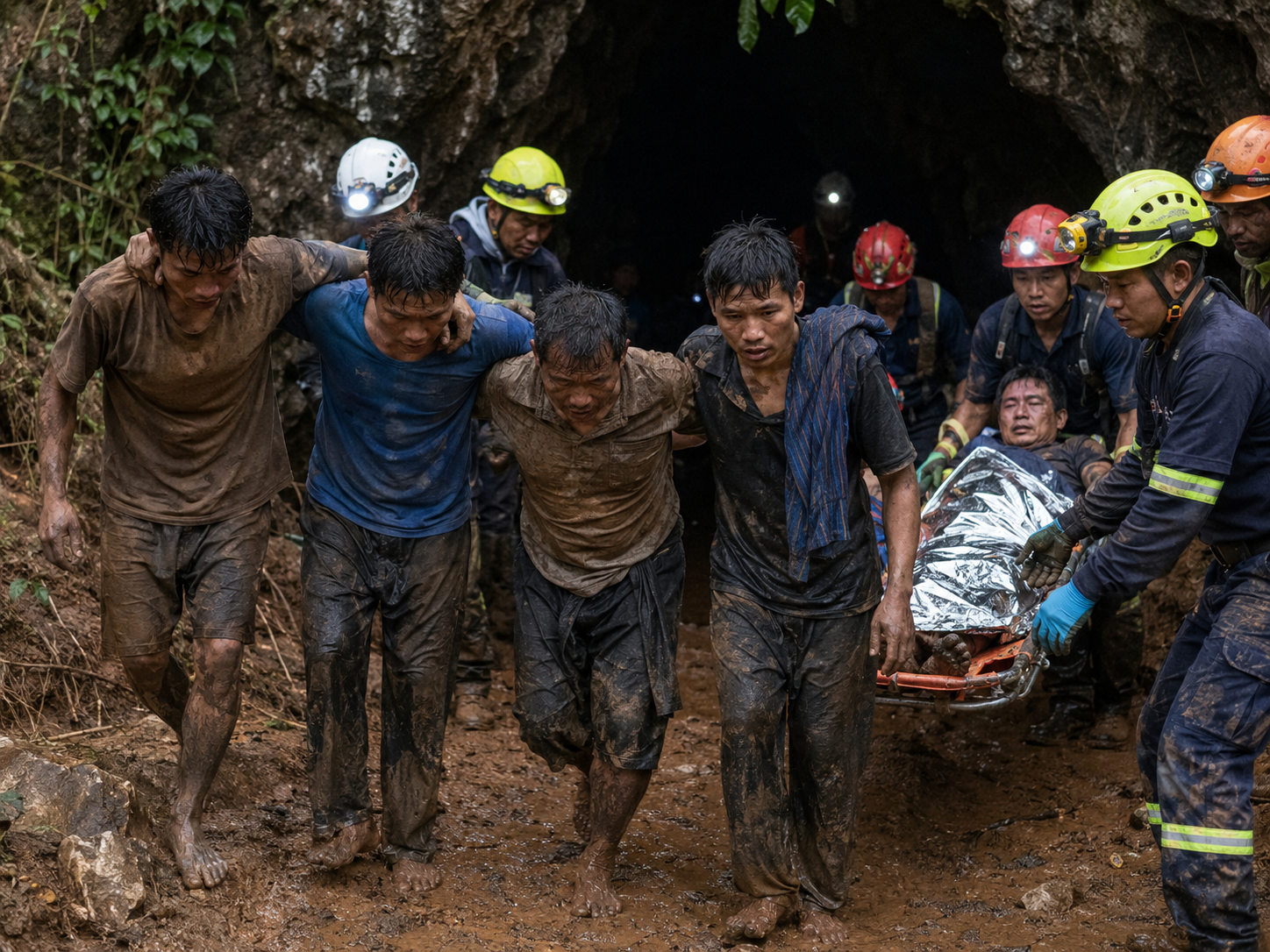 Rescue workers near a flooded cave entrance in a mountainous area of Laos.