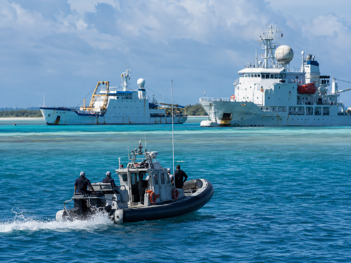 A coast guard vessel patrols near sandbars in disputed tropical waters.