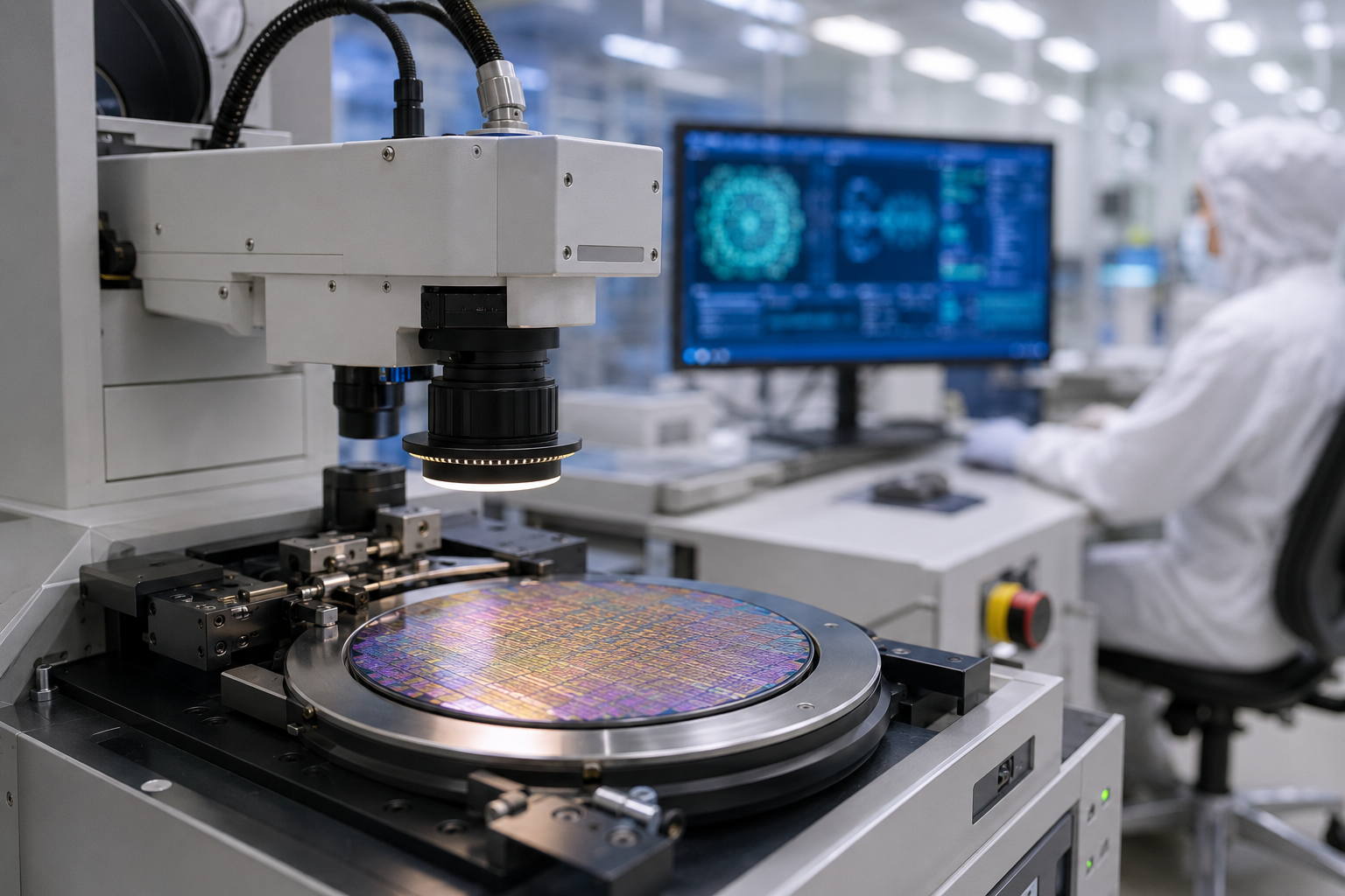 A cleanroom wafer station and blurred quantum-computing diagrams represent quantum chip manufacturing.