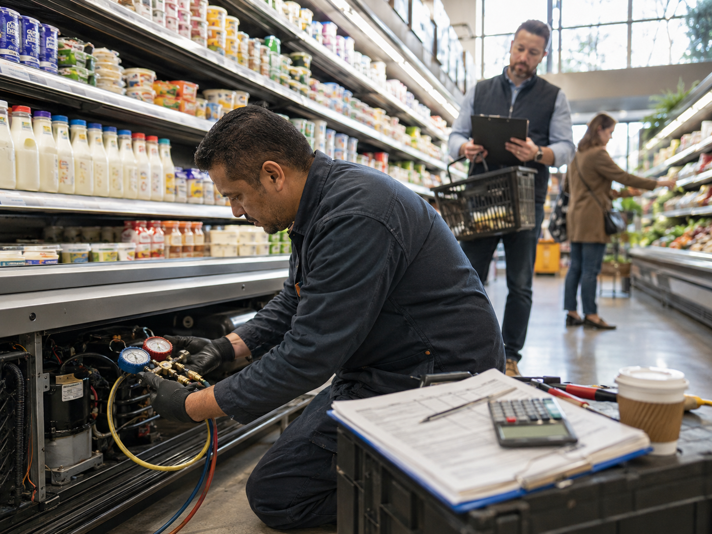 A grocery refrigeration aisle and regulatory paperwork represent EPA refrigerant rules.