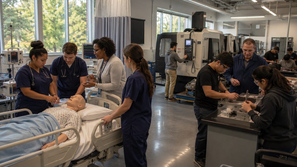 Students participating in workforce training programs at a community college.