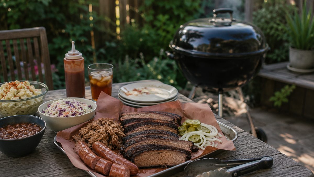 A backyard barbecue table with grilled meats, sides and a charcoal grill in the background.