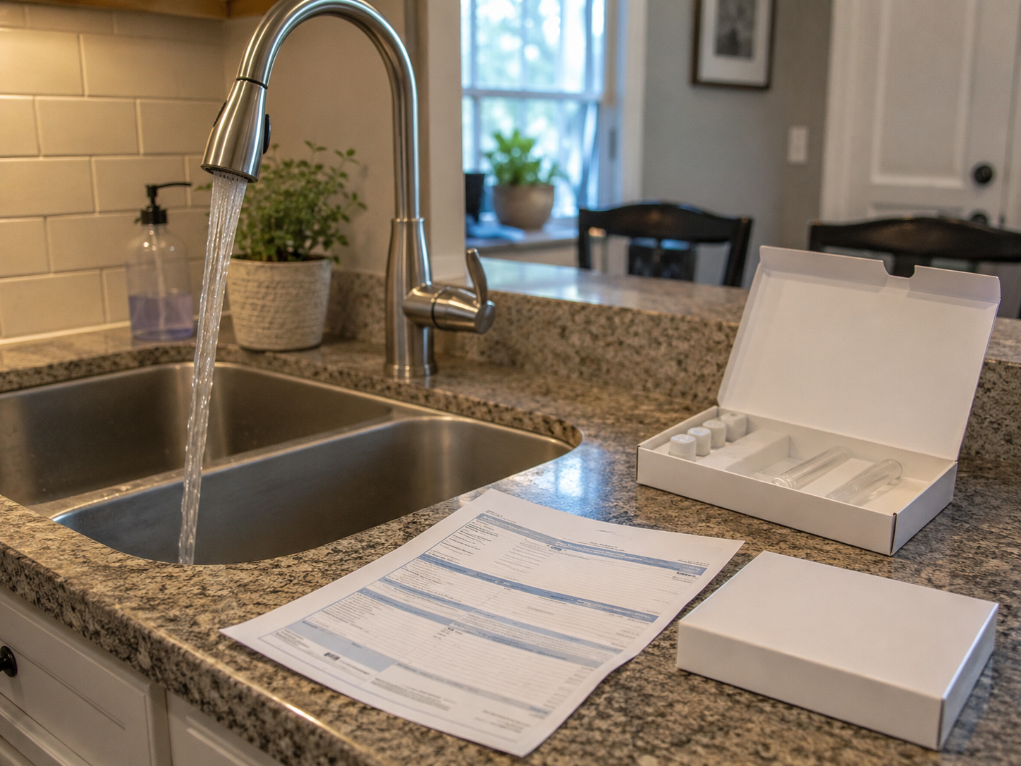 A kitchen faucet with a utility bill and water-testing kit on the counter.