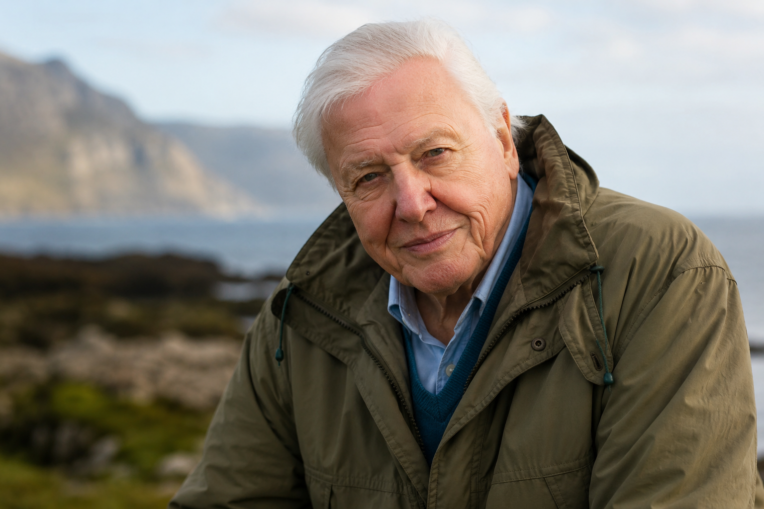An elderly naturalist stands in a green woodland holding a field notebook.