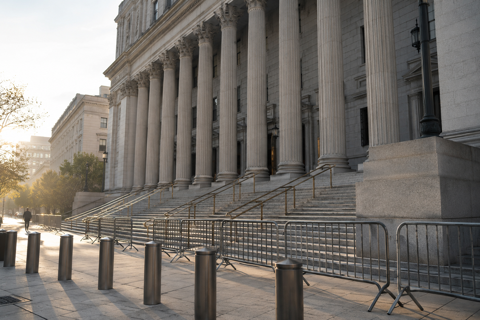 A federal courthouse exterior with security barriers in neutral morning light.