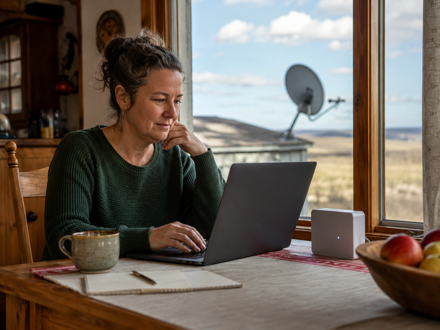 A rural home has a small satellite internet terminal under a wide sky.