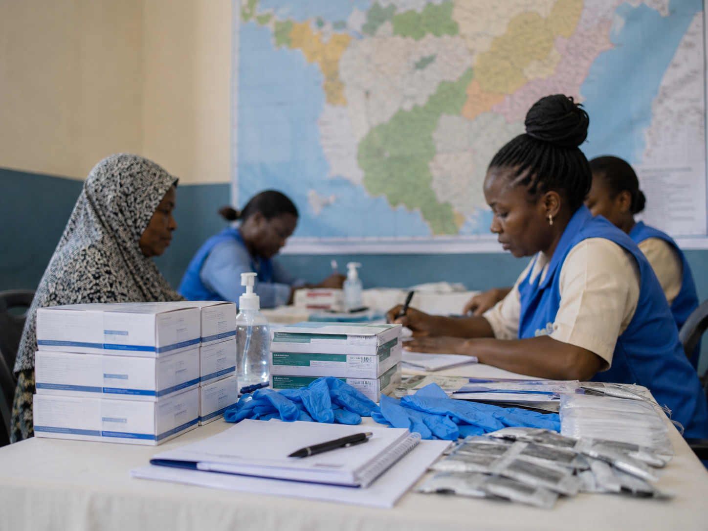Medical supplies and response notes arranged on a public-health planning table.