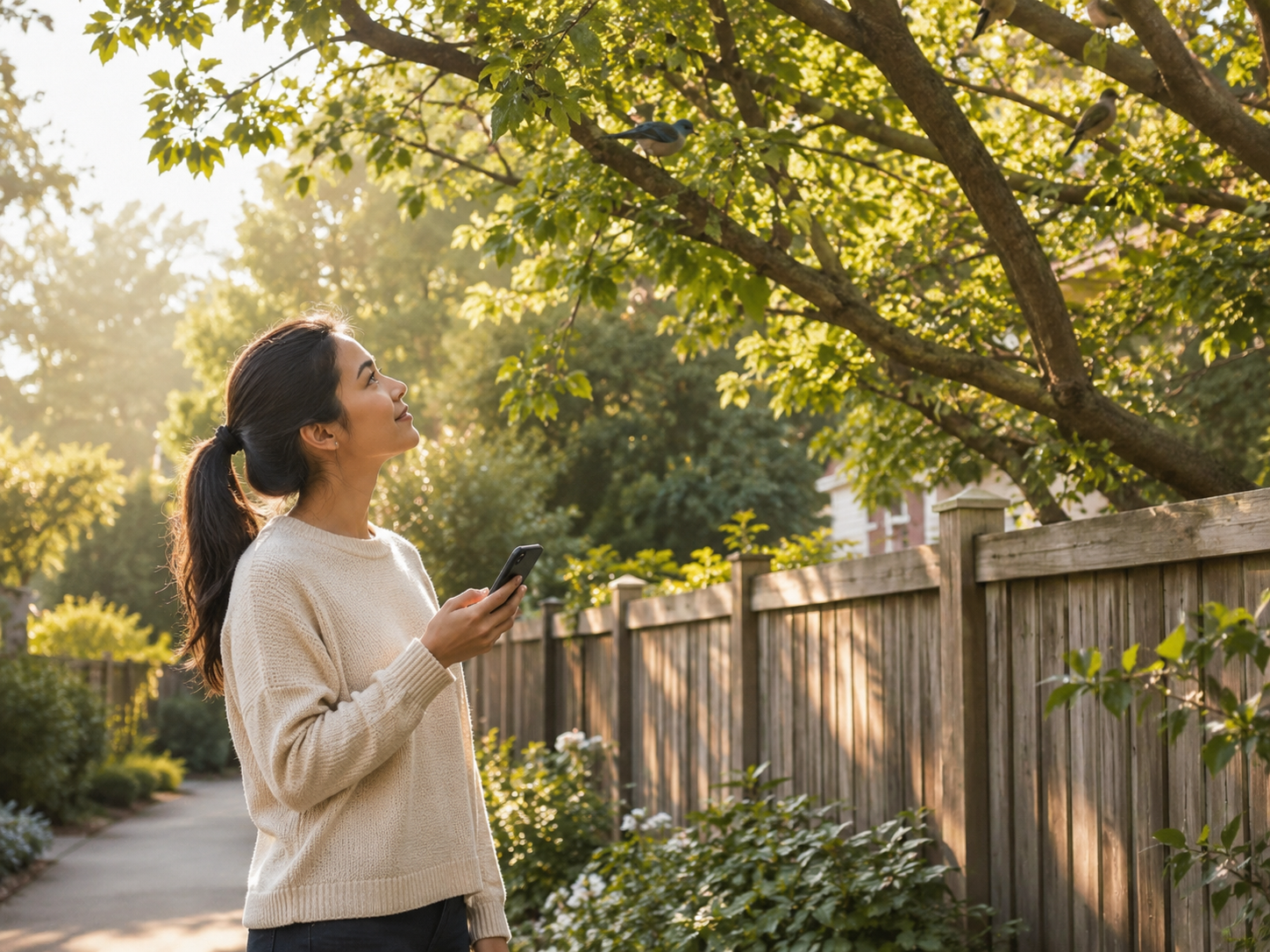 A person uses a phone to identify birds while standing near trees in a quiet park.