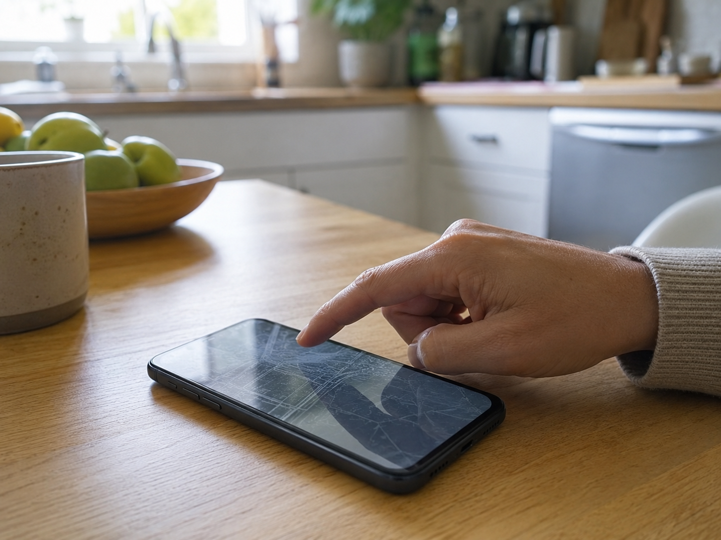 Smartphone privacy settings with abstract map reflection.