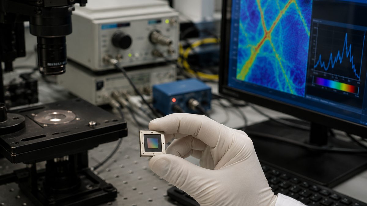 A compact optical sensor chip is tested in a laboratory beside spectral data on a monitor.