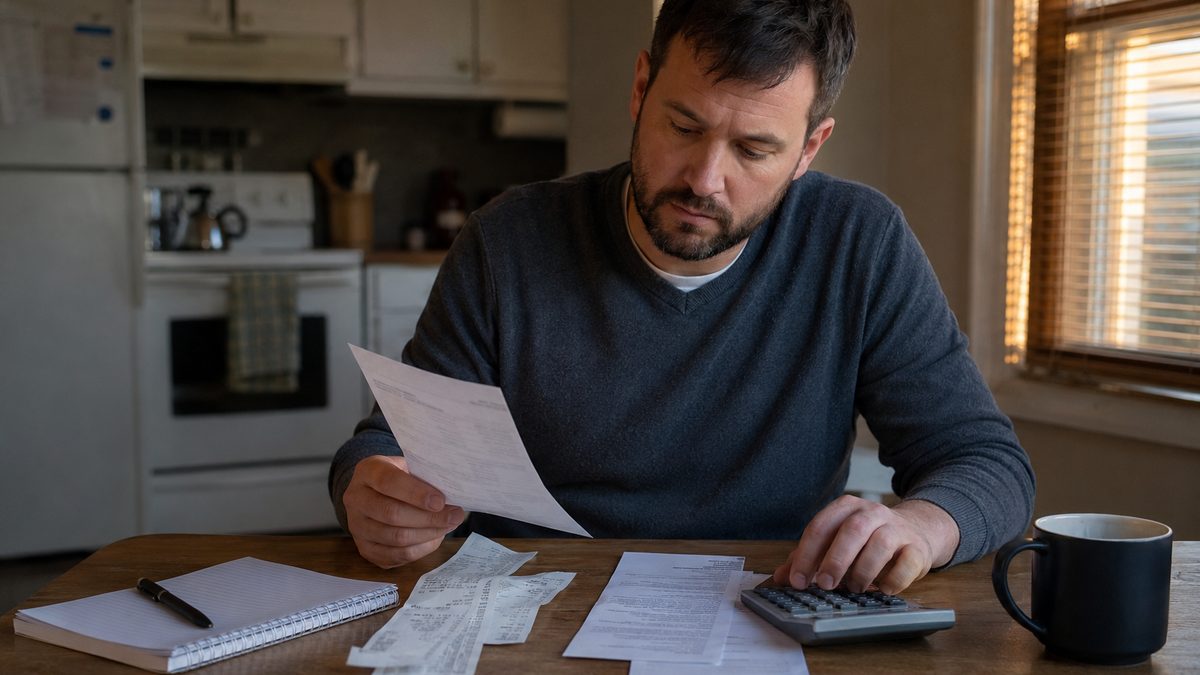 A worker reviews a paycheck stub, receipts, and household bills at a kitchen table.