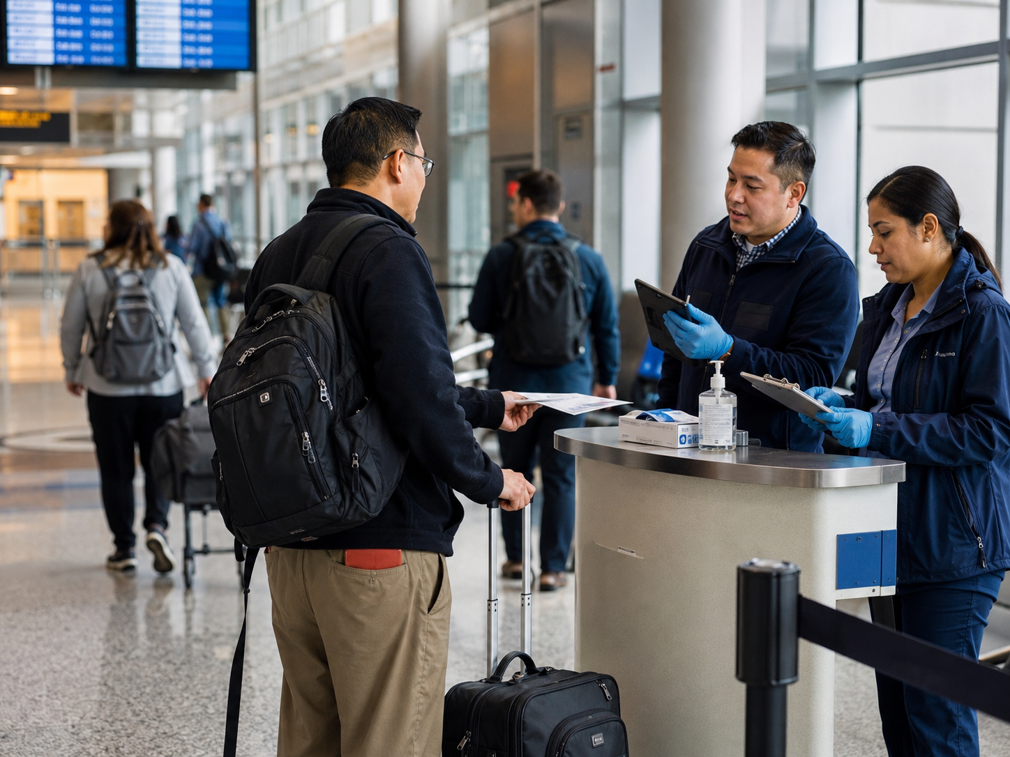 Travelers move through an airport arrivals area near a health-screening checkpoint.