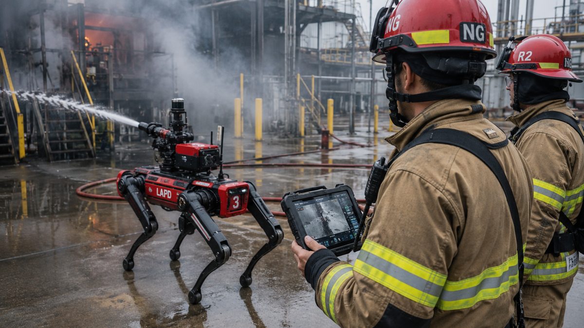 A four-legged robot enters a smoky emergency training area while firefighters monitor from a safe distance.