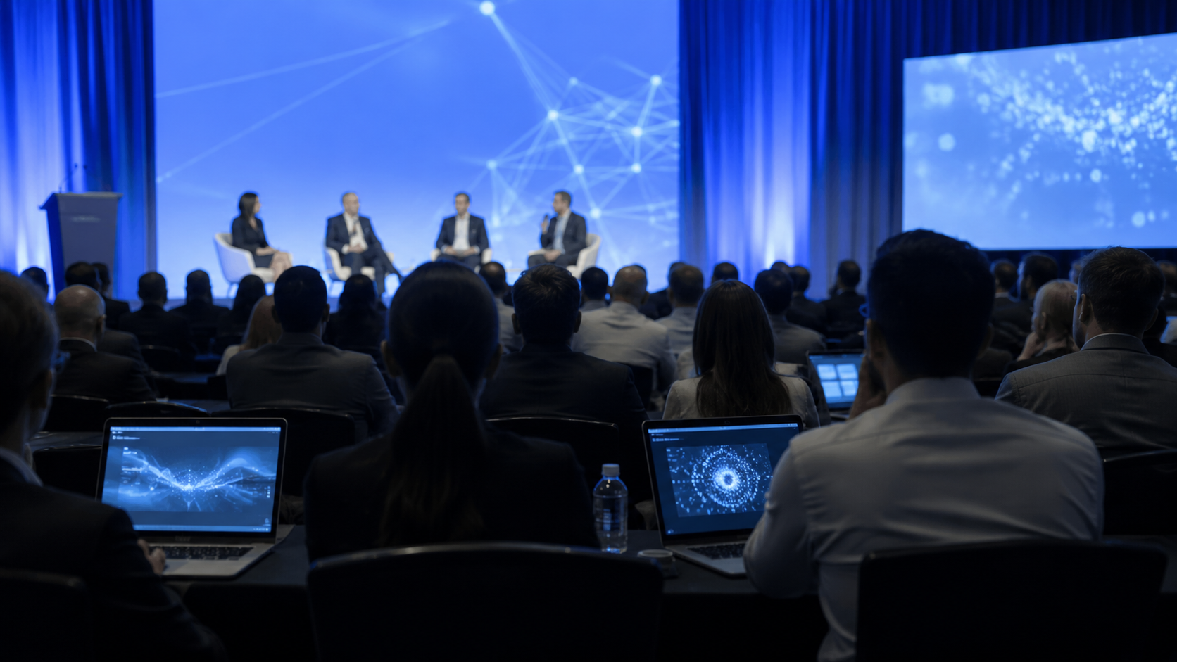 A technology conference audience watching a business presentation about AI tools.