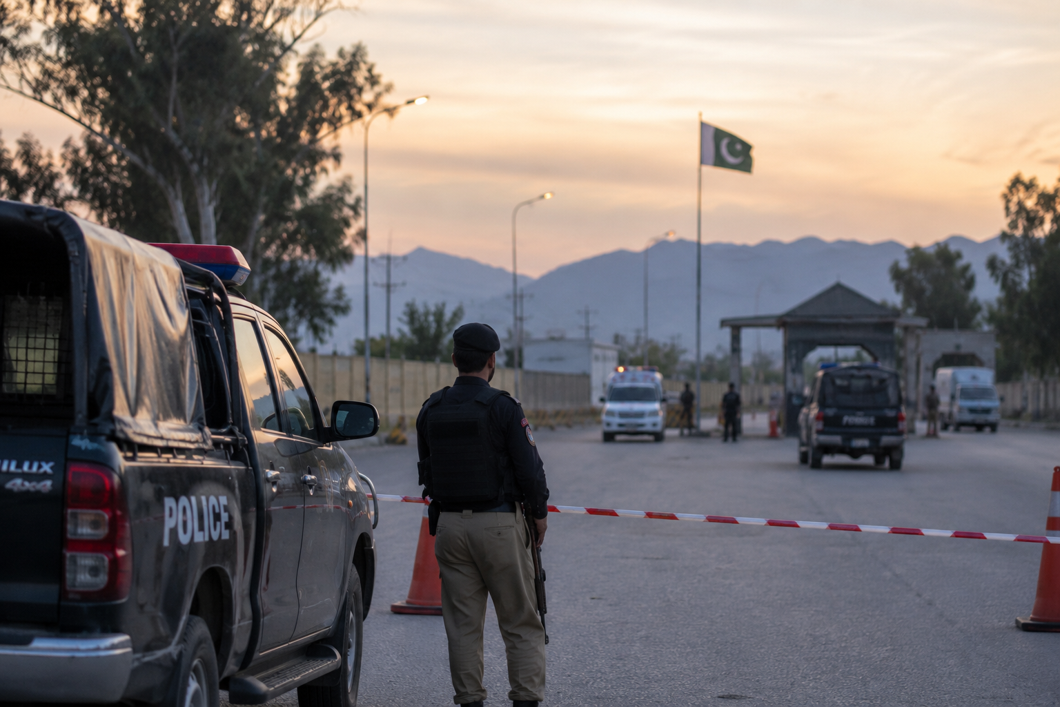 Emergency vehicles stand near a damaged checkpoint after an attack.