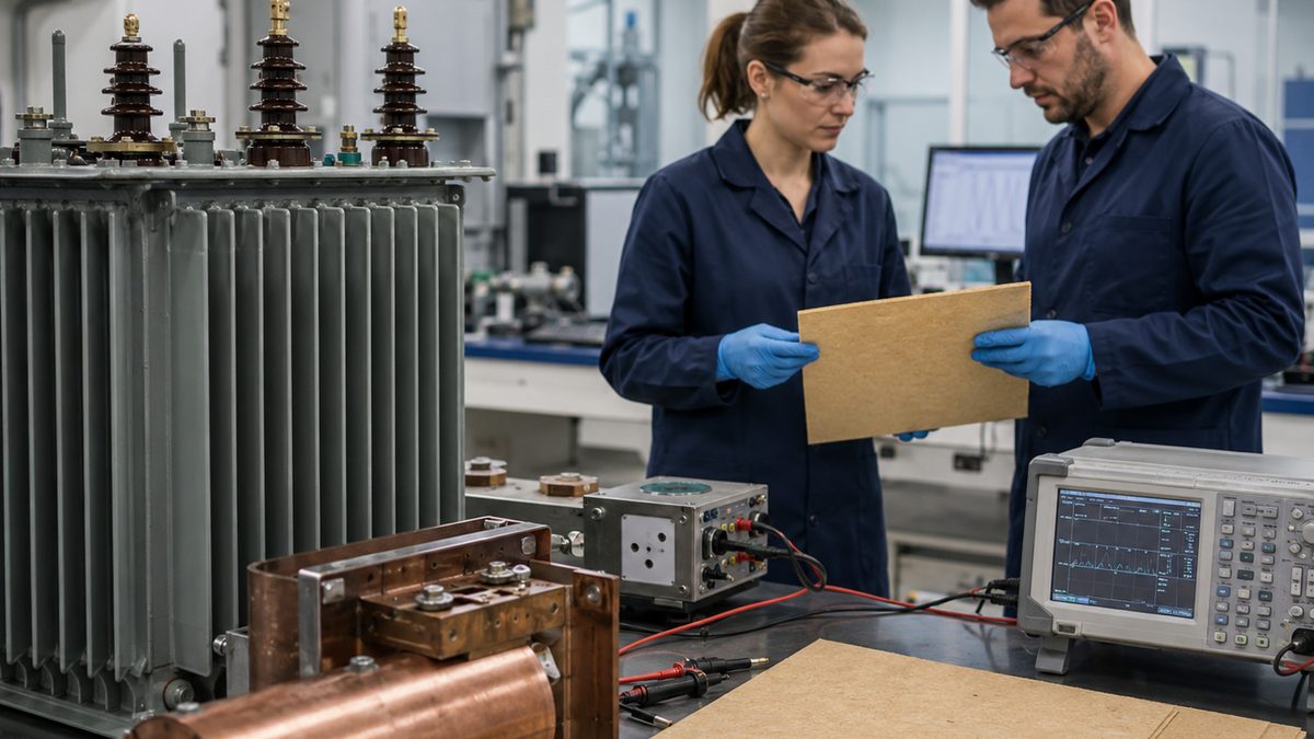 Engineers test a thin wood-based insulation sheet beside transformer components in a power-grid materials lab.