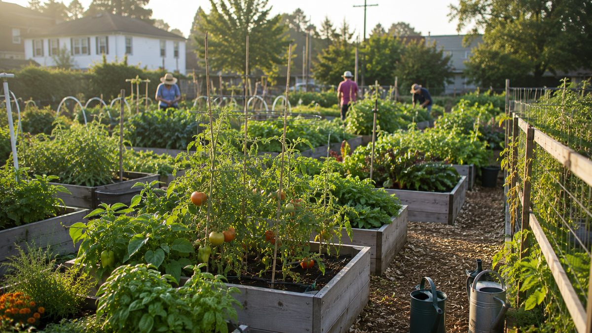 A neighborhood community garden with raised beds, plants, and people working in the distance.