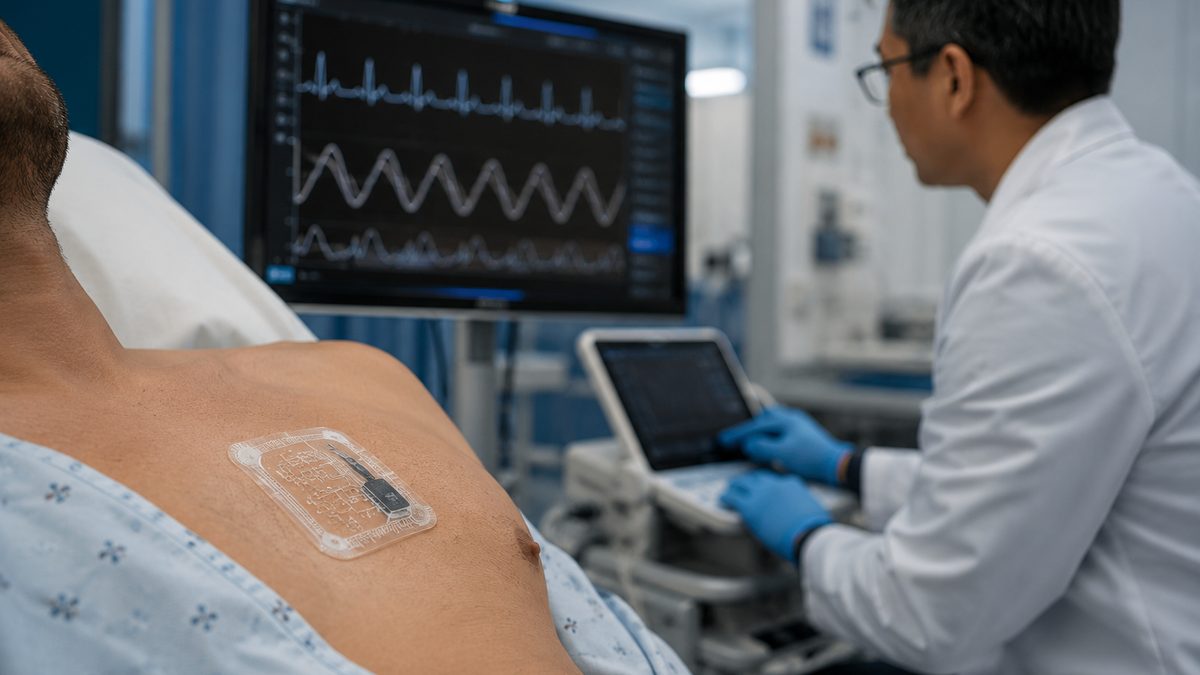 A flexible wearable medical patch is placed on a patient's chest in a research setting.