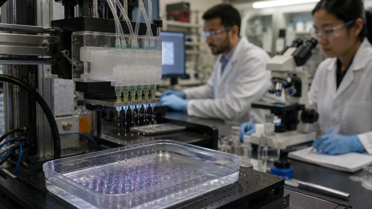 A 3D-printed micro-nozzle array produces tiny droplets in a laboratory test.