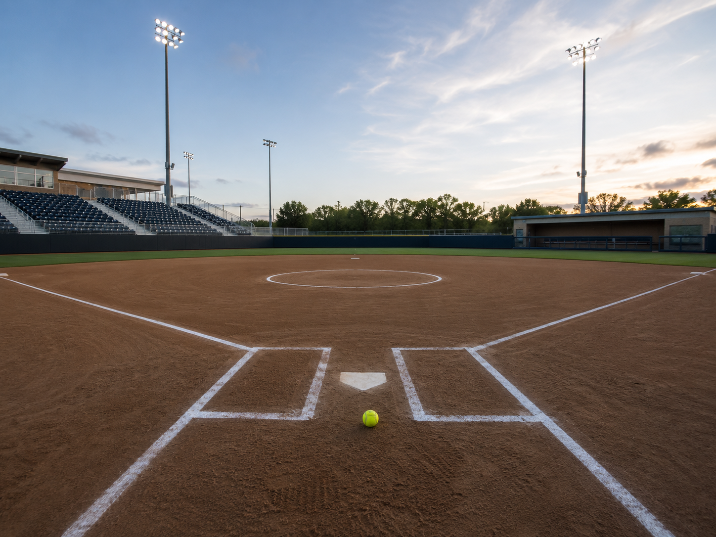A softball field prepared for a championship game under stadium lights.