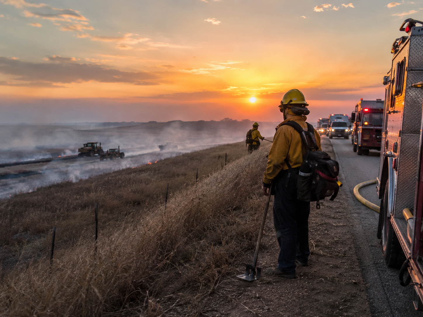 Firefighters work near a smoky rural roadside during a wildfire response.