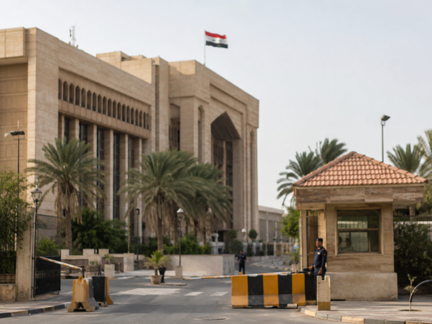 A quiet government building entrance with a checkpoint in soft focus.