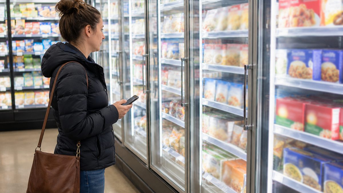 A shopper checks a phone near a grocery store freezer aisle.