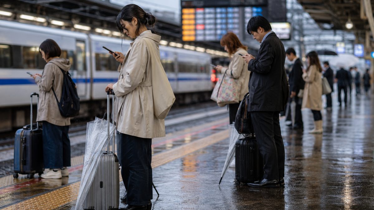 Travelers stand with umbrellas on a rainy train platform in Japan while checking phones.