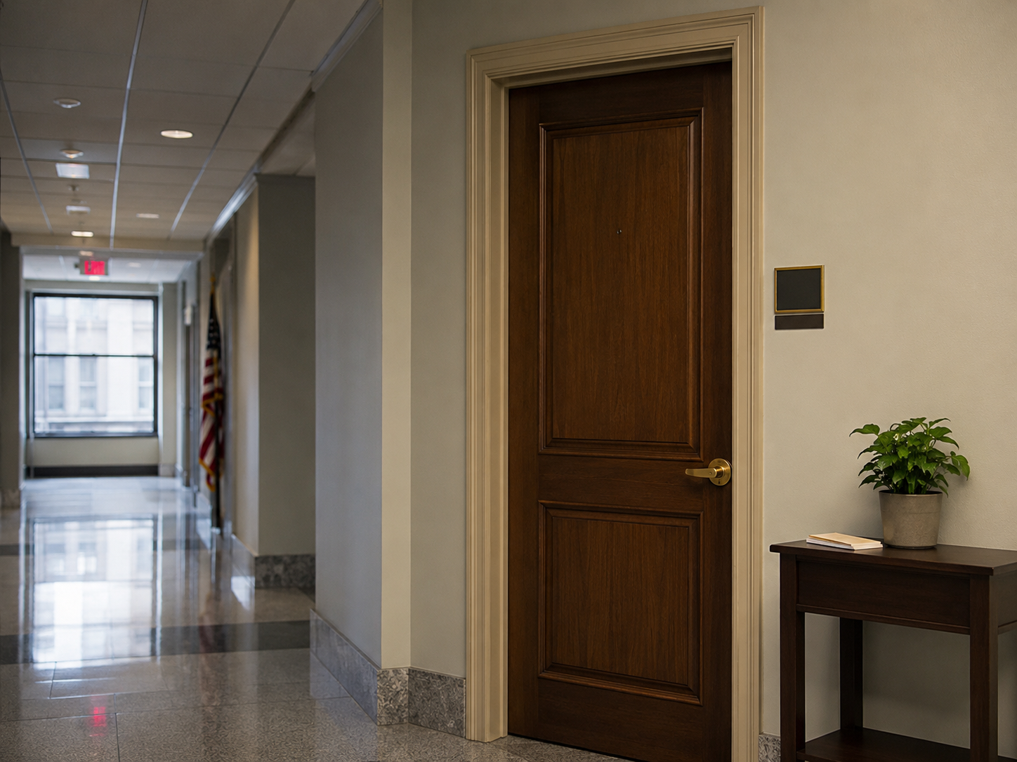 A quiet federal office hallway with folders on a desk.
