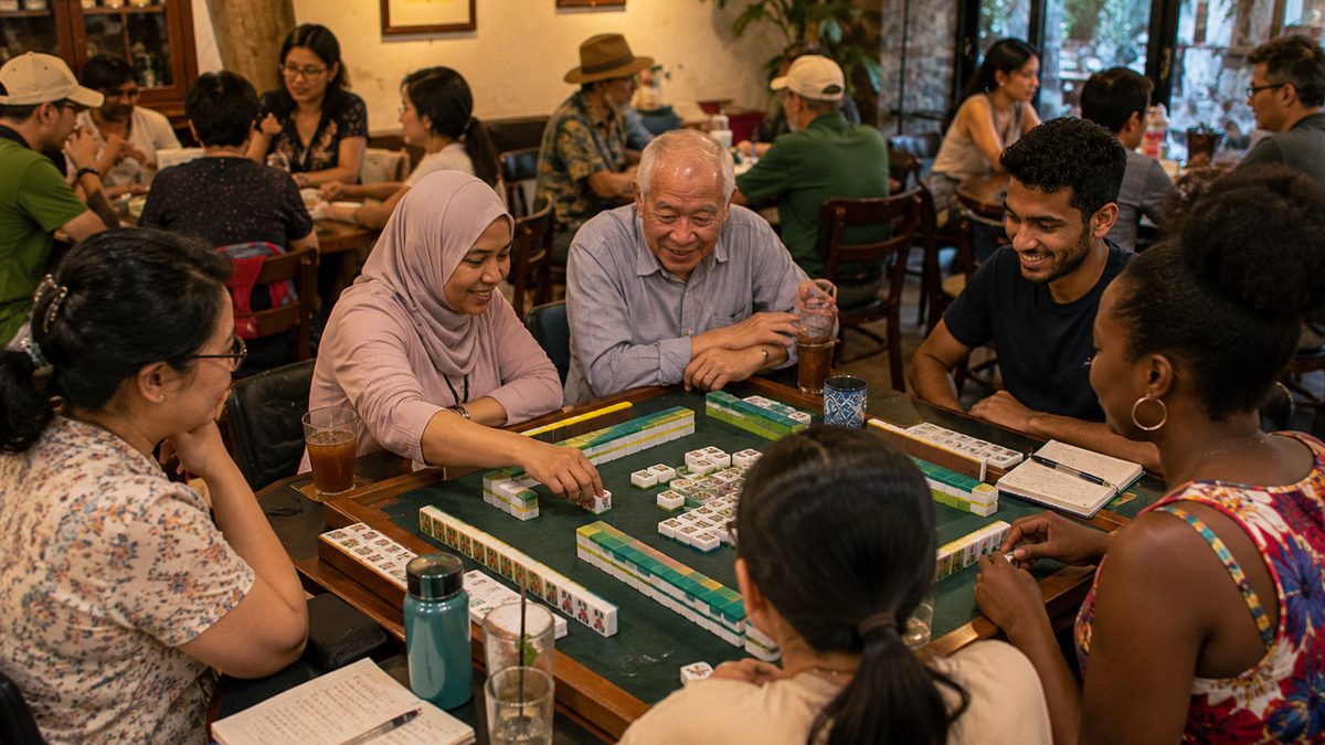 A group of friends of different ages plays mahjong together around a cafe table.