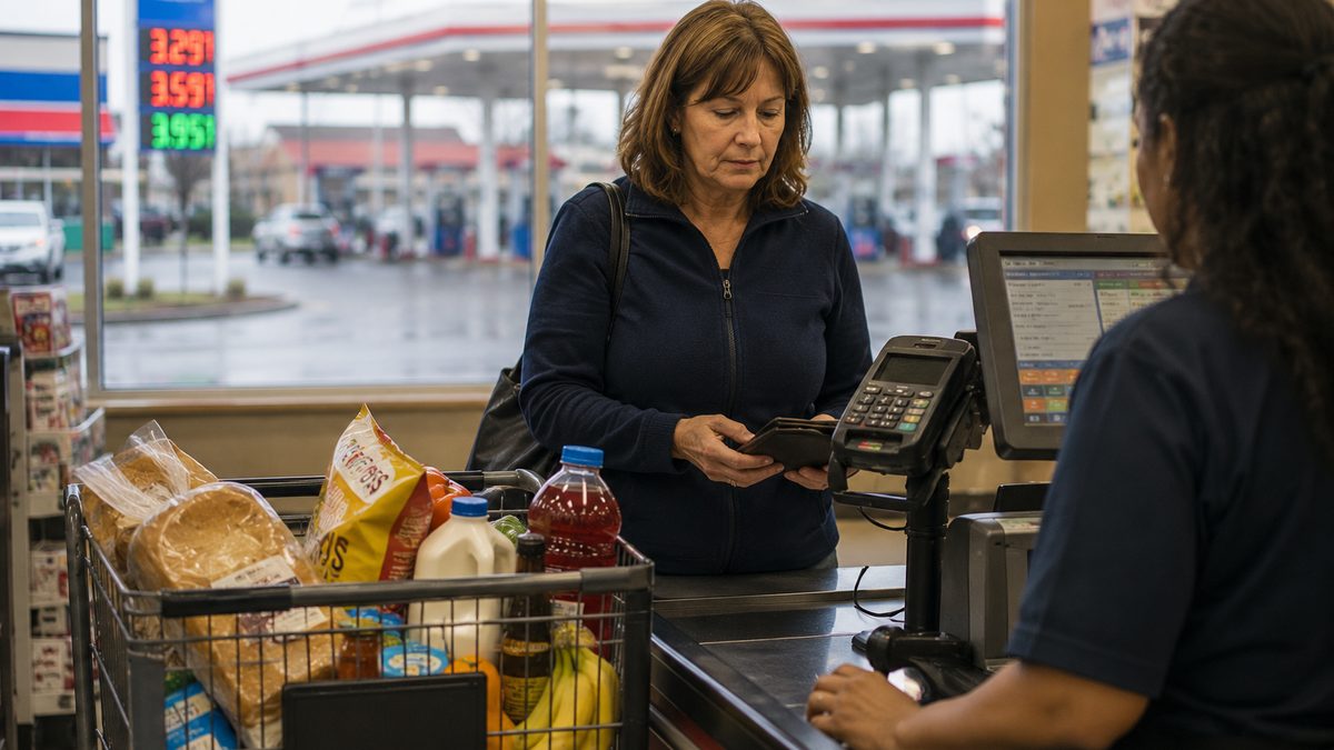 A shopper waits at a checkout counter with a small cart.