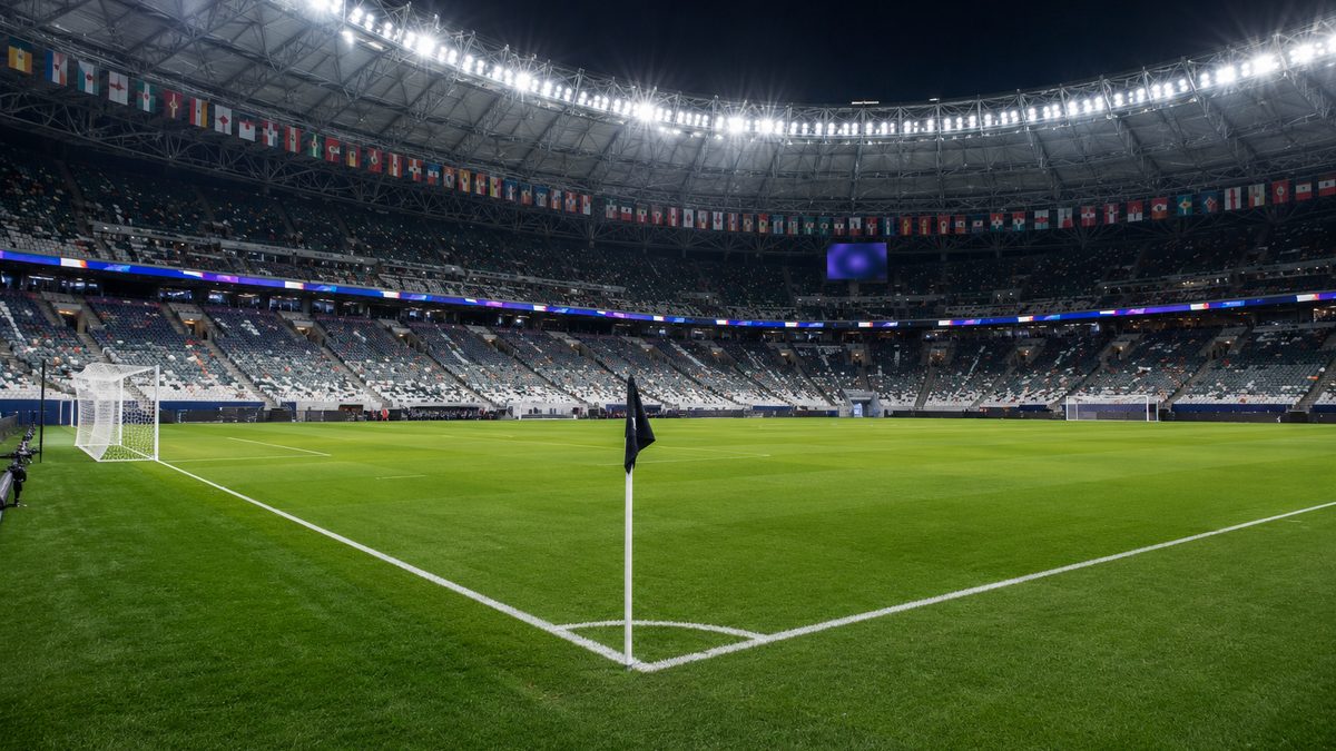 Empty soccer stadium before a major tournament match.