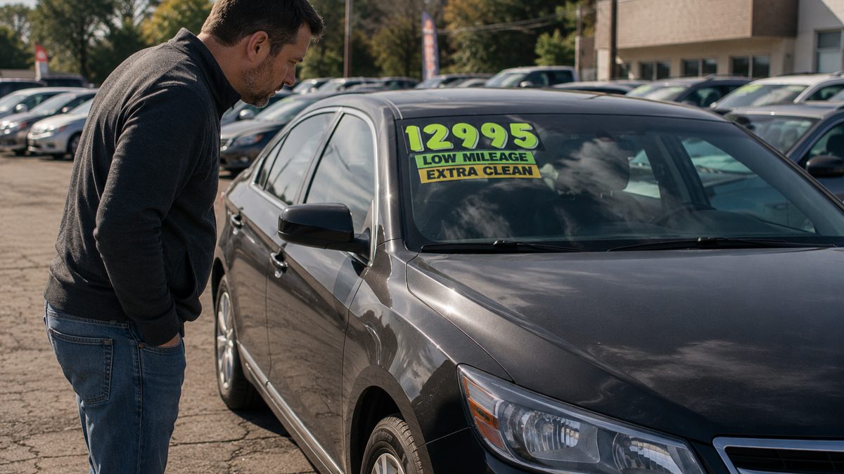 Used car paperwork, vehicle keys, and an inspection clipboard before a purchase.