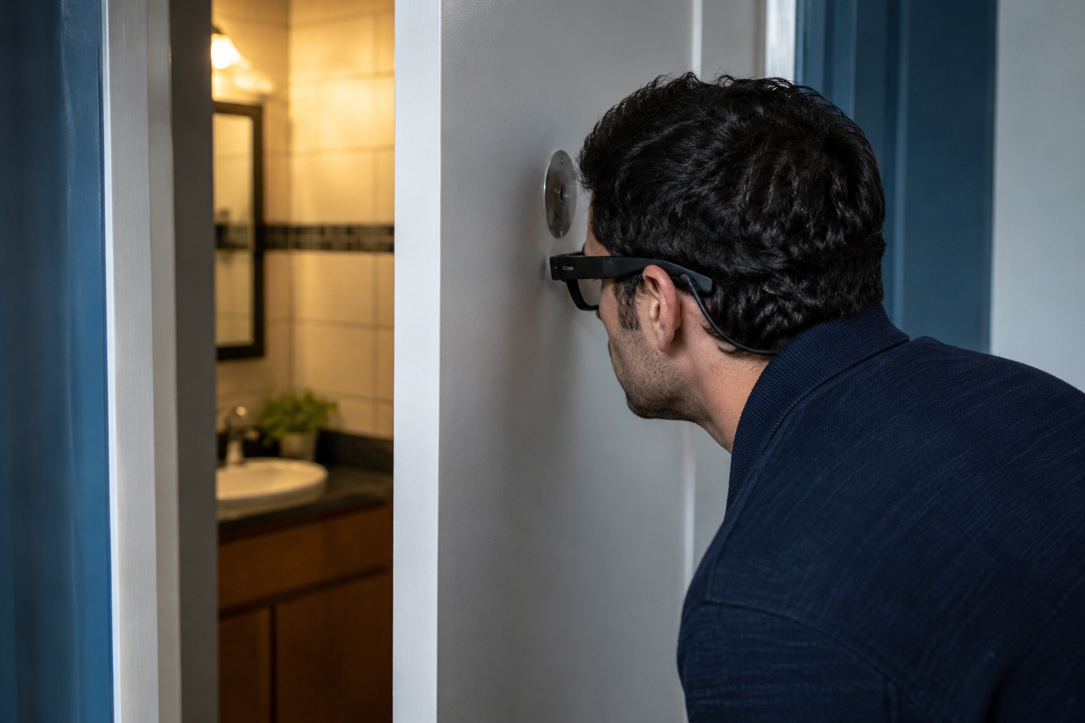 Smart glasses sit on a coffee-shop table while people are blurred in the background.