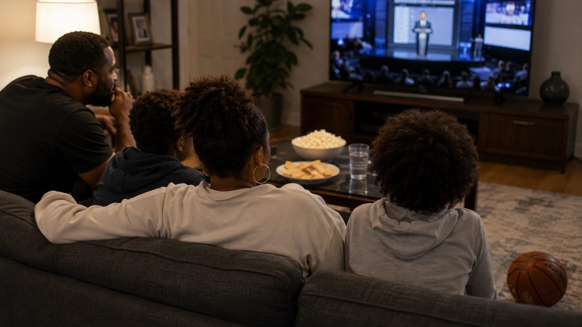 A family watches basketball draft coverage from a living room with a basketball on the floor.